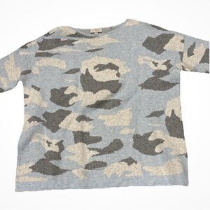 Kinross Cashmere Blue Gray Camouflage Pullover Knit Crew Long Sleeve Sweater